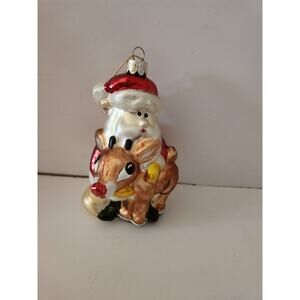 Vtg Christmas Ornament Blown Glass Kurt Adler Santa and Rudolph 5" 1992